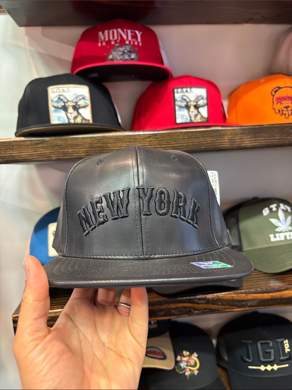 New York Black Leather Snapback Hat